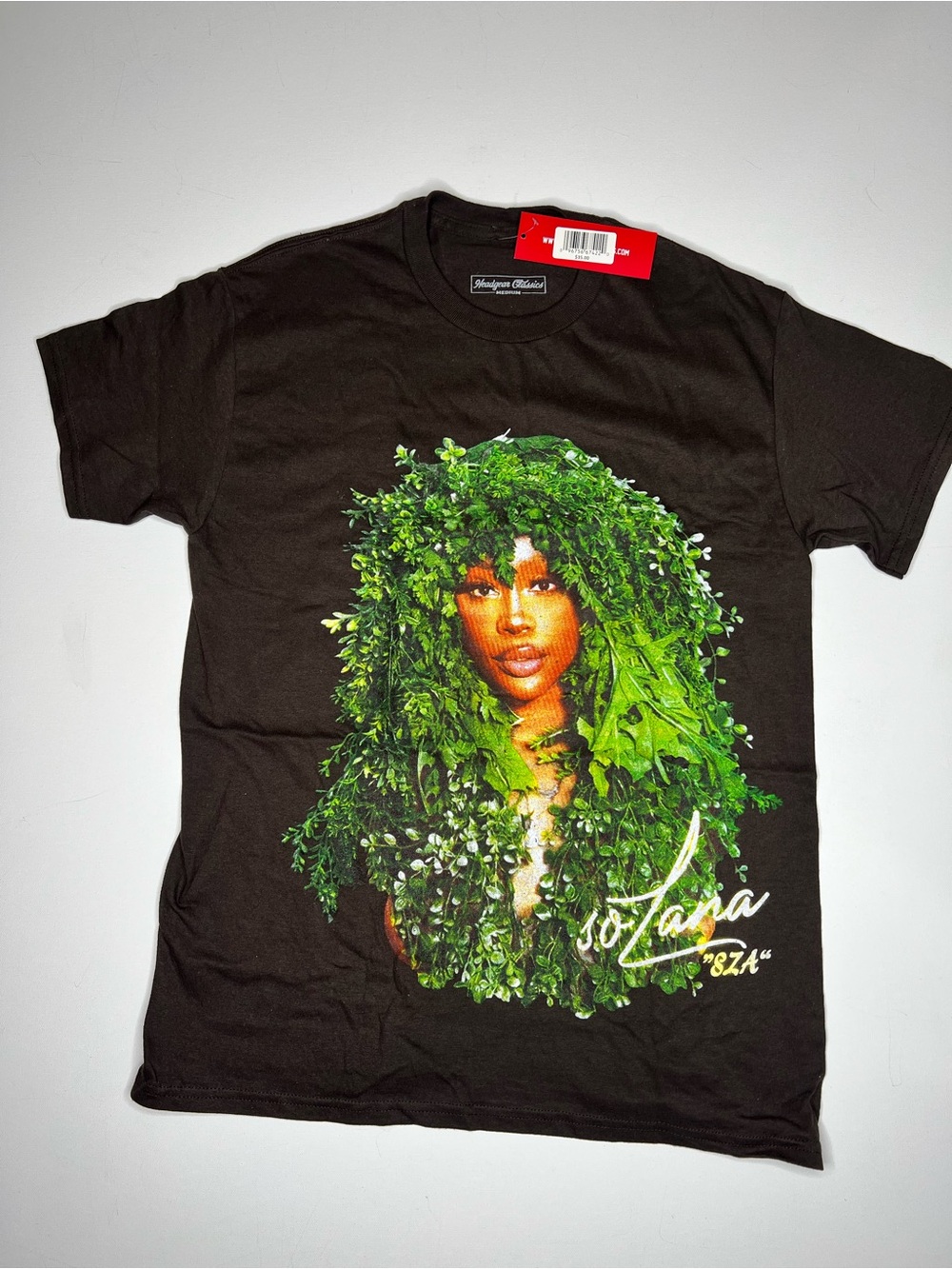 'SZA' Black Graphic Tee with Green Botanical Portrait Medium